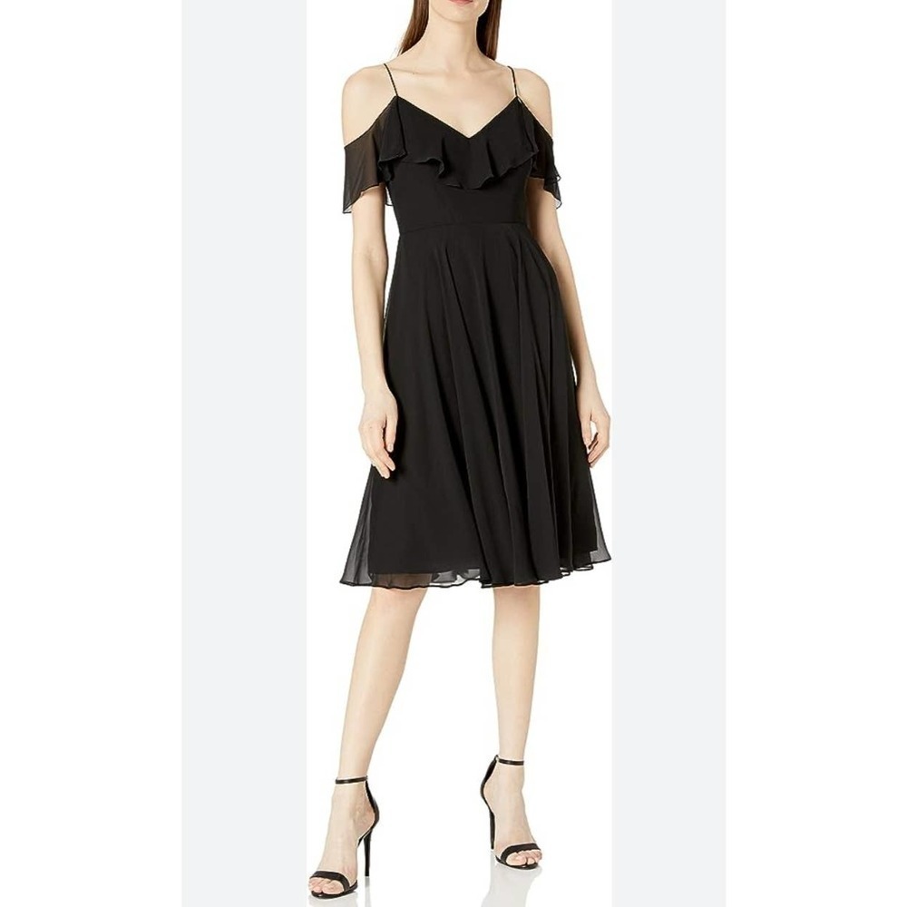 Jenny Yoo Kelli Formal Gown midi Dress Off the shoulder black chiffon size 8